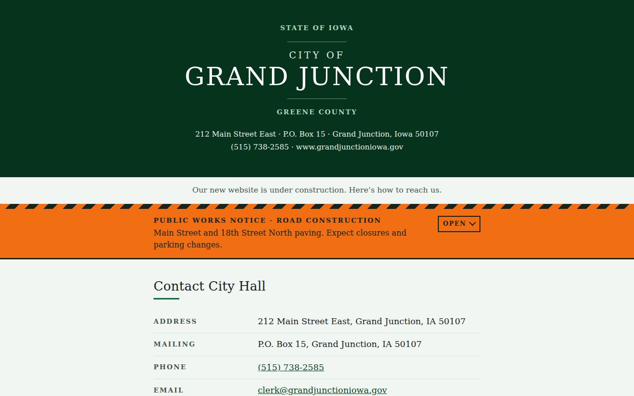Grand Junction official city information showing local service contacts
